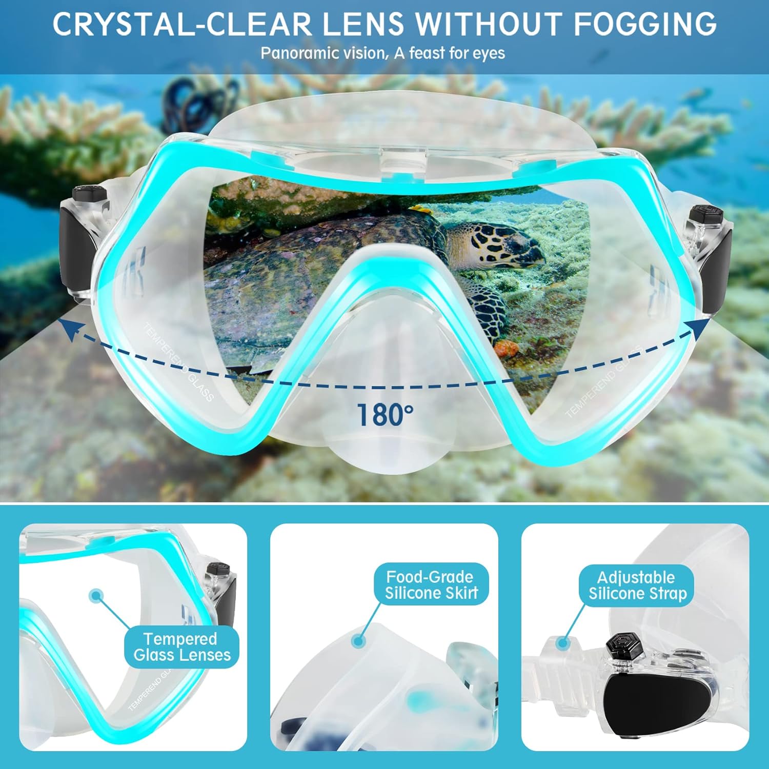 Mask Fin Snorkel Set, Travel Size Snorkeling Gear for Adults with Panoramic View Anti-Fog Mask, Trek Fins, Dry Top Snorkel and Gear Bag for Swimming Training, Snorkeling Kit Diving Packages - Image 2